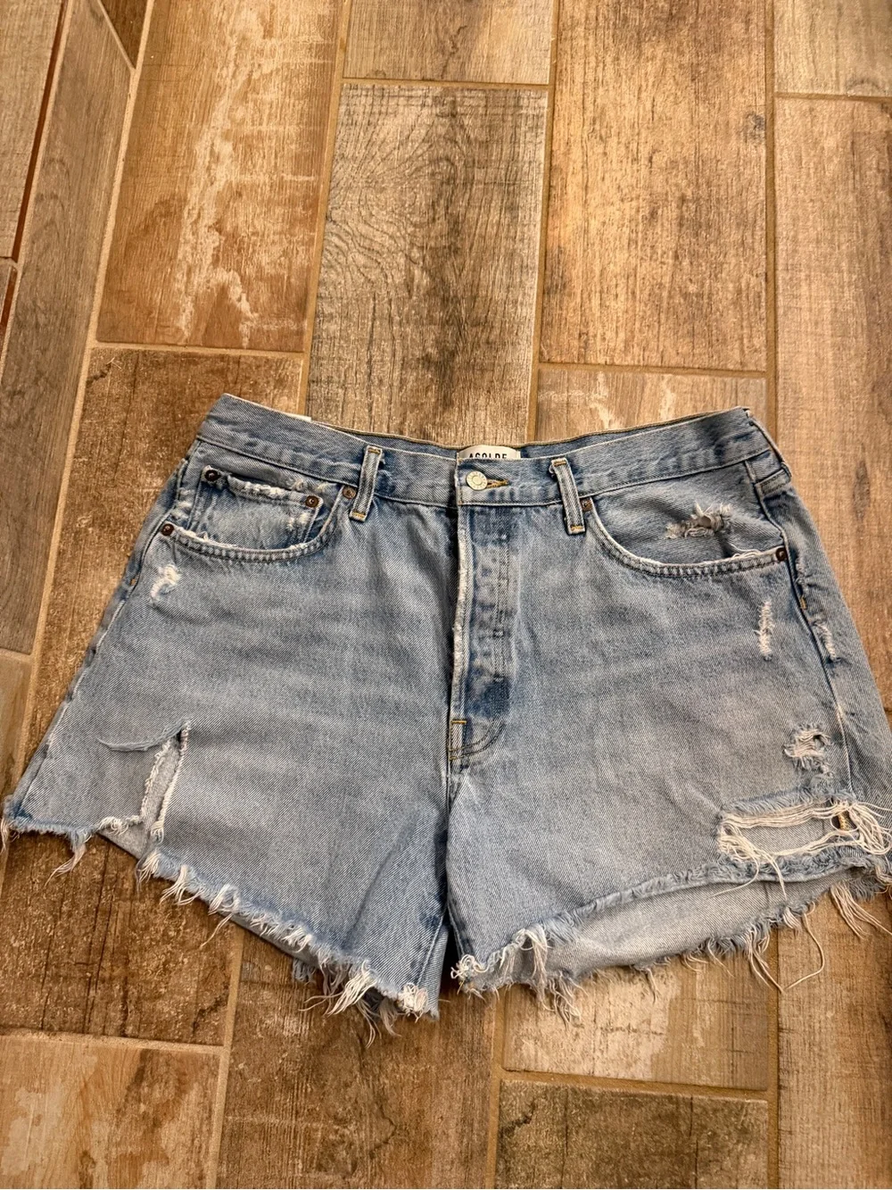 Agolde Light Blue Parker Long Distressed Denim Cutoff Shorts Size 31